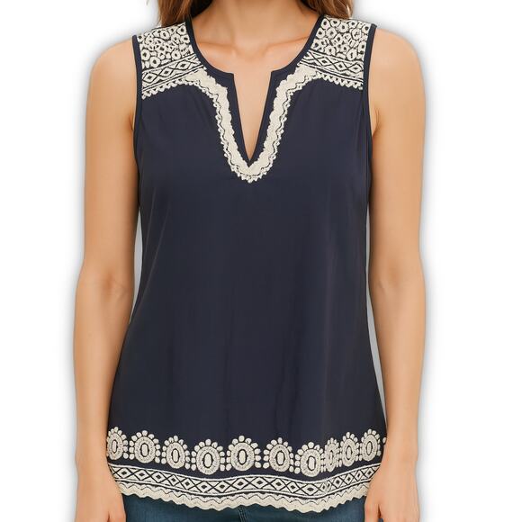 Talbots Embroidered Tunic Top Navy Cotton M - Picture 1 of 10